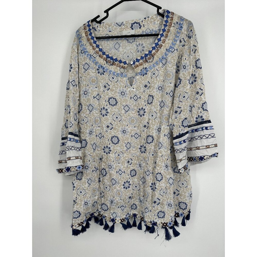J.Jill Women's Flowy Tunic Top 3/4 Sleeve Tassel Trim Size 2XL